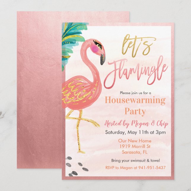Vattenfärg Flamingo Inflyttningsfest Inbjudan (Fram/baksida)