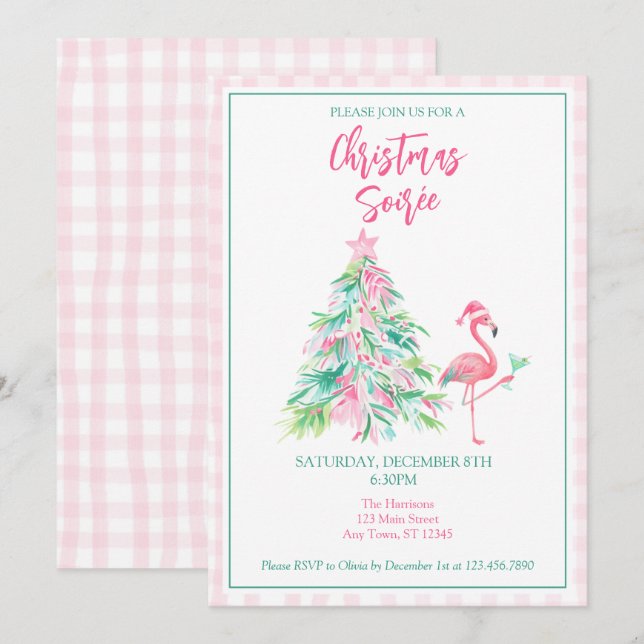 Vattenfärg Flamingo Jul Soaré Inbjudan (Fram/baksida)