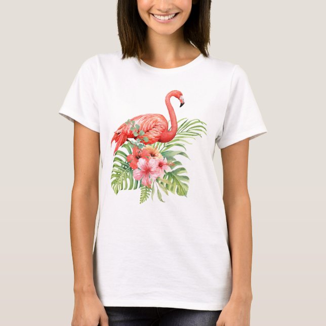 Vattenfärg Flamingo och Hibiscus T Shirt (Framsida)