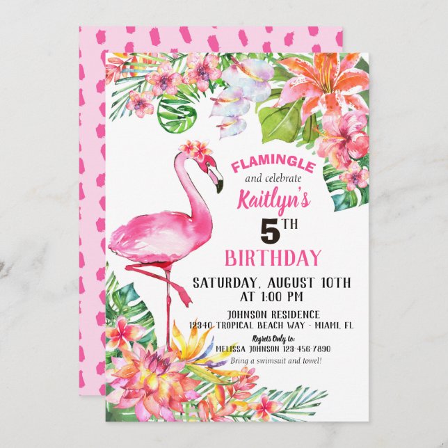 Vattenfärg Flamingo och tropisk Blommigt Födelseda Inbjudningar (Fram/baksida)