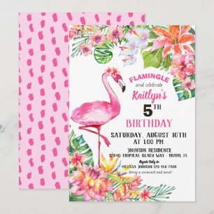 Vattenfärg Flamingo och tropisk Blommigt Födelseda Inbjudningar