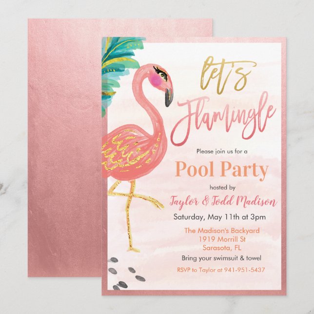 Vattenfärg Flamingo Poolparty Inbjudan (Fram/baksida)