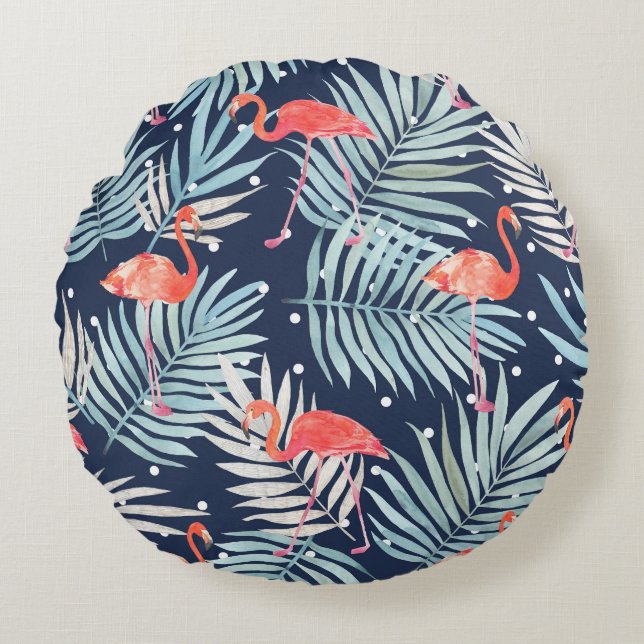 Vattenfärg Flamingo: Rosa Tropical Elegance. Rund Kudde (Framsidan)