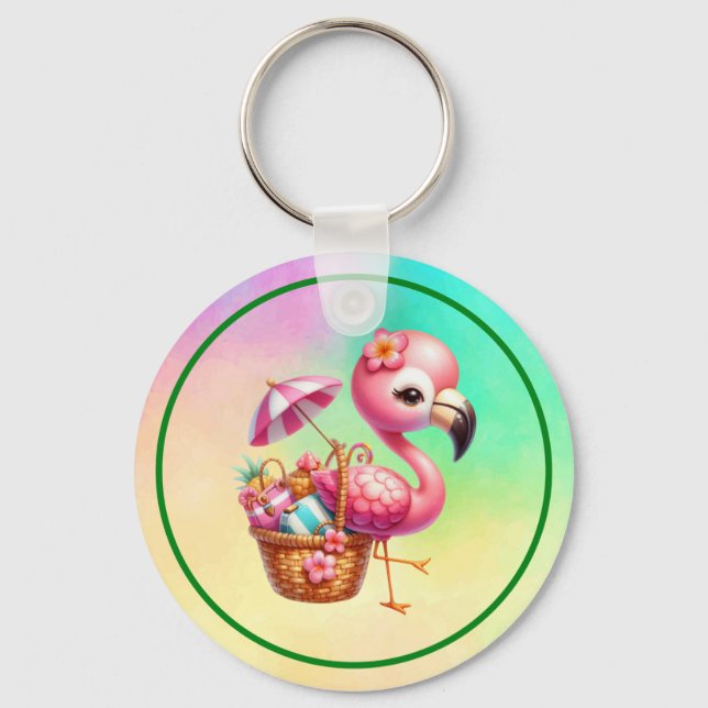 Vattenfärg Flamingo Tecknad Clipart Nyckelring (Framsida)