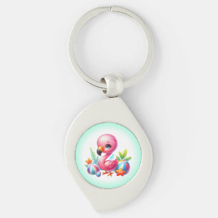 Vattenfärg Flamingo Tecknad Clipart Swirl Silverfärgad Nyckelring
