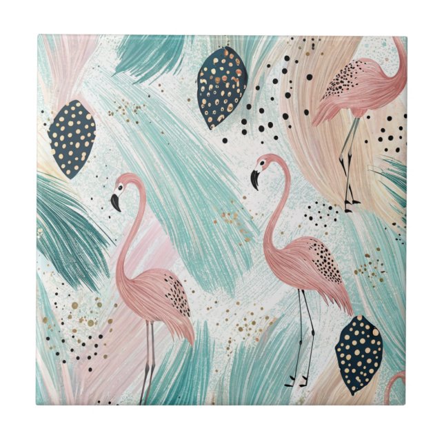 Vattenfärg Flamingo Tropical Mönster Kakelplatta (Framsidan)