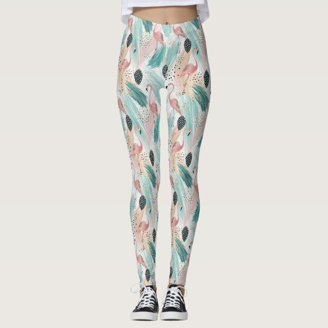 Vattenfärg Flamingo Tropical Mönster Leggings (Framsida)