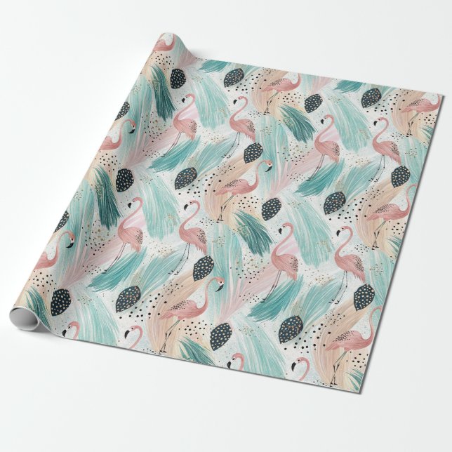 Vattenfärg Flamingo Tropical Mönster Presentpapper (Utrullad)