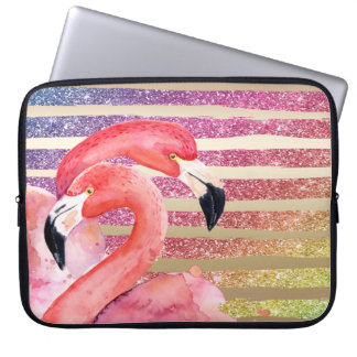 Vattenfärg Flamingos Glitter Guld Rand Laptop Fodral