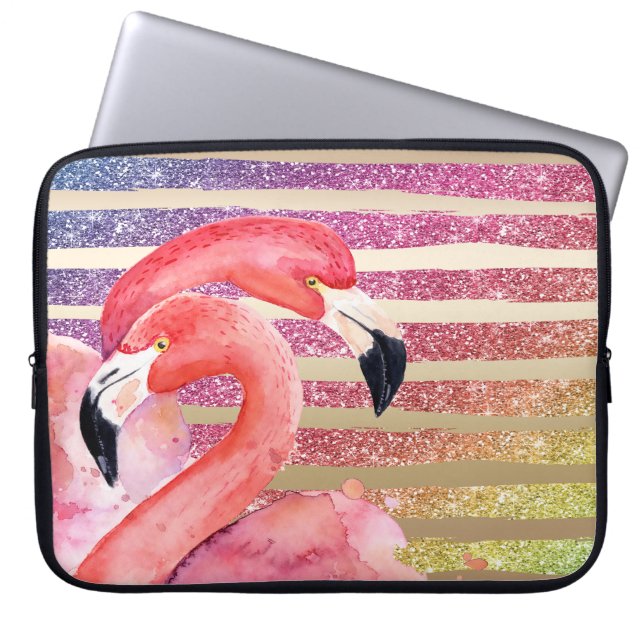 Vattenfärg Flamingos Glitter Guld Rand Laptop Fodral (Framsidan)