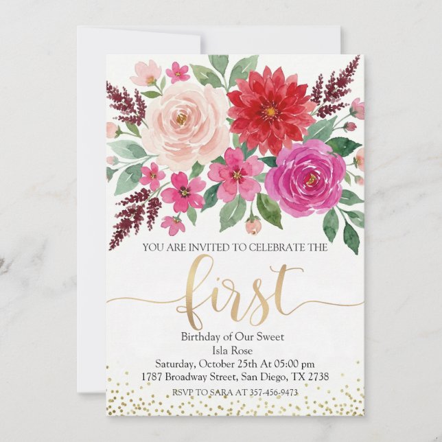 Vattenfärg flicka födelsedag blomster guld glitter inbjudningar (Framsida)