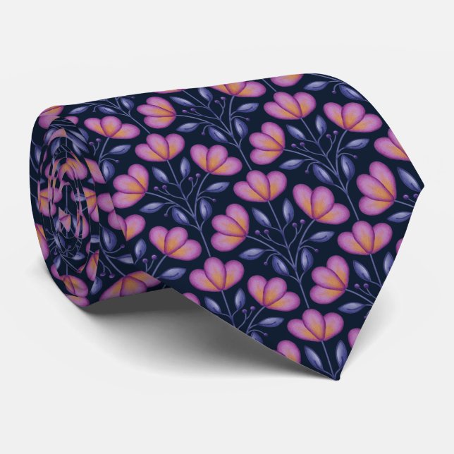 Vattenfärg Flora Motif Tie Navy Slips (Rullad)