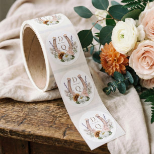 Vattenfärg Floral Boho Västerländsk Hästsko Monogr Runt Klistermärke