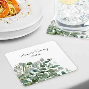 Vattenfärg Floral Eukalyptus Bröllop Underlägg Papper Kvadrat