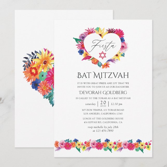 Vattenfärg Floral Fiesta Bar Mitzvah Inbjudningar (Fram/baksida)