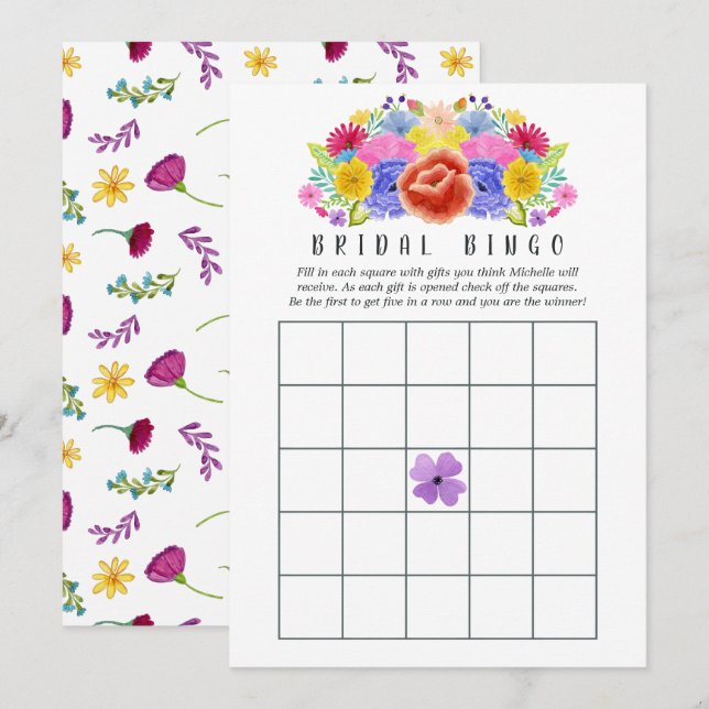 Vattenfärg Floral Fiesta Bröllop Bingo Inbjudningar (Fram/baksida)