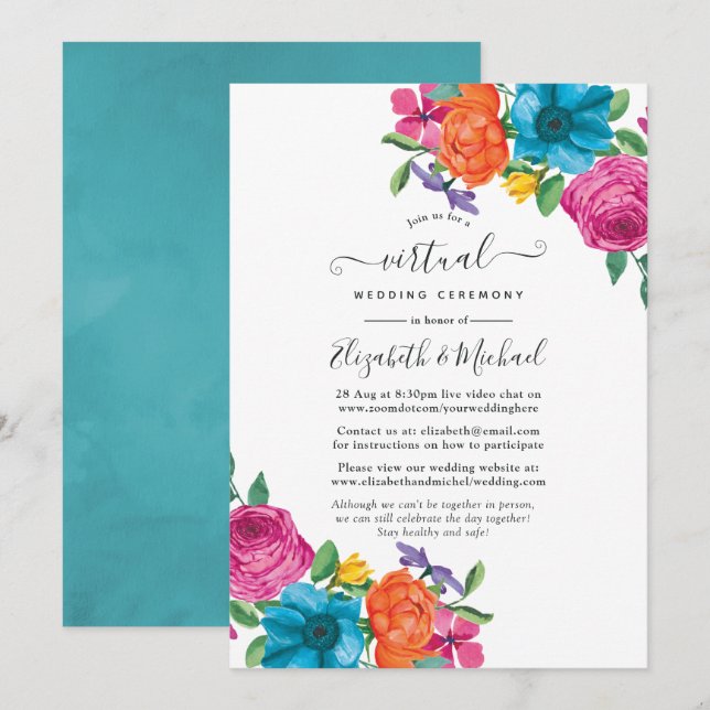 Vattenfärg Floral Fiesta Online Virtuellt Bröllop Inbjudningar (Fram/baksida)