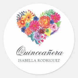 Vattenfärg Floral Fiesta Quinceañera Runt Klistermärke