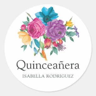 Vattenfärg Floral Fiesta Quinceañera Runt Klistermärke