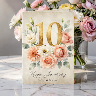 Vattenfärg Floral Guld 10-års Bröllopsdag Kort