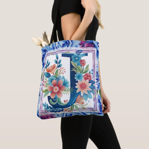 Vattenfärg Floral Monogram Bokstav J Tygkasse
