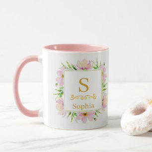 Vattenfärg Floral Monogram I Anpassad Guldinitial Mugg