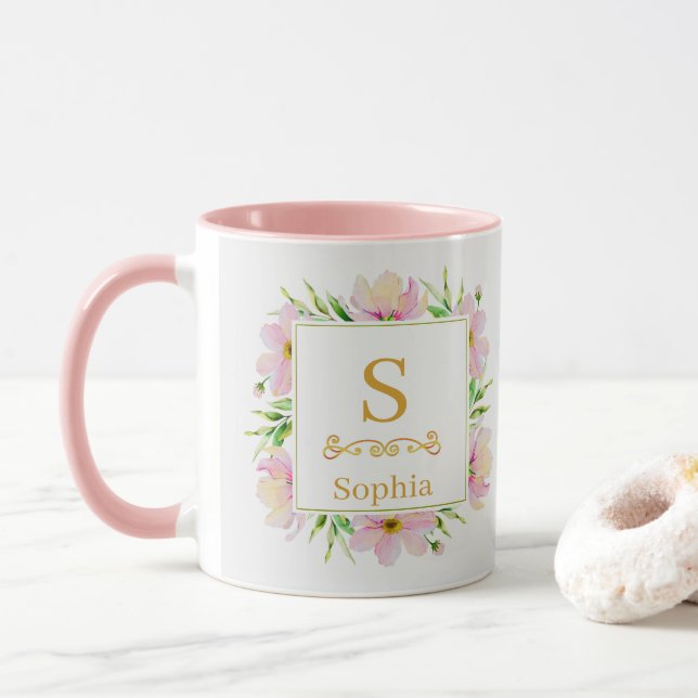 Vattenfärg Floral Monogram I Anpassad Guldinitial Mugg (Med munk)