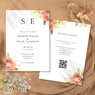 Vattenfärg Floral Monogram QR-kod Bröllop Inbjudningar