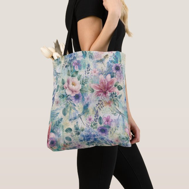 Vattenfärg Floral Trollslända Mönster Tygkasse (Närbild)