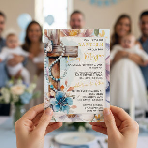 Vattenfärg Floral Vintage Kors Rosenkrans Dop Inbjudningar