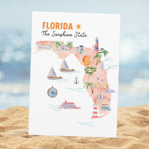 Vattenfärg Florida State Art Map Platt hälsning Kort