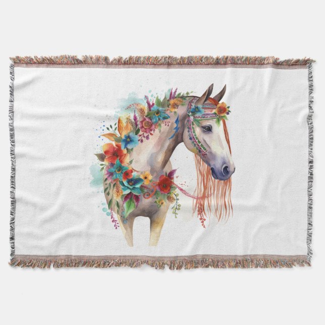 Vattenfärg Flower Boho Horse Pastel Filt (Framsidan)