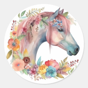 Vattenfärg Flower Boho Horse Pastel Runt Klistermärke