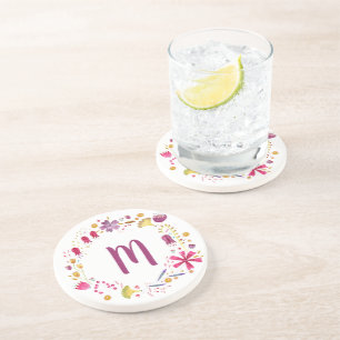 Vattenfärg Flower Garland Monogram Underlägg