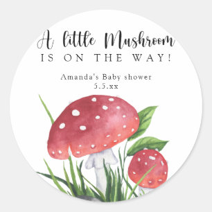 Vattenfärg flugsvamp på väg! baby shower runt klistermärke