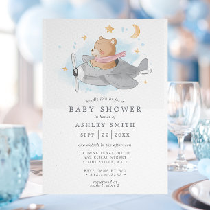 Vattenfärg flygplan björn söt pojke baby shower inbjudningar