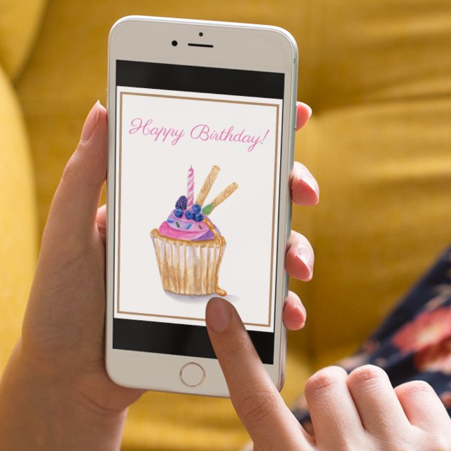 Vattenfärg Födelsedag Bär Cupcake Med Ljus Kort (Instantly sweeten their day with this lovely cupcake card.)
