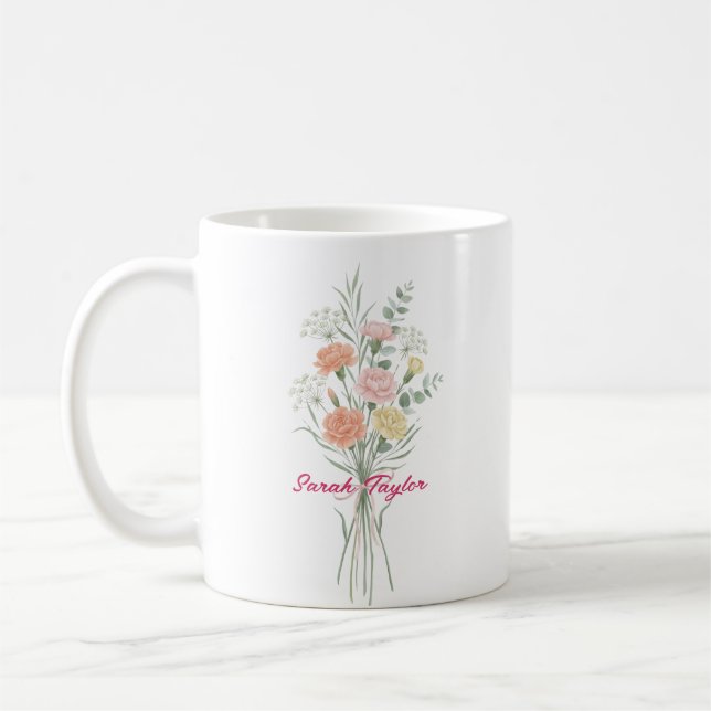 Vattenfärg Födelsedagsblomma Nejlika Personlig Mug Kaffemugg (Vänster)