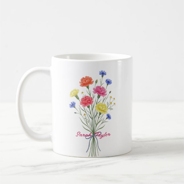 Vattenfärg Födelsedagsblomma Nejlika Personlig Mug Kaffemugg (Vänster)