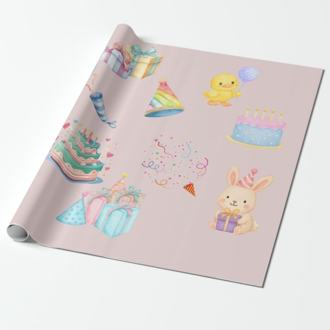 Vattenfärg Födelsedagsfest Mönster Presentpapper  (Utrullad)