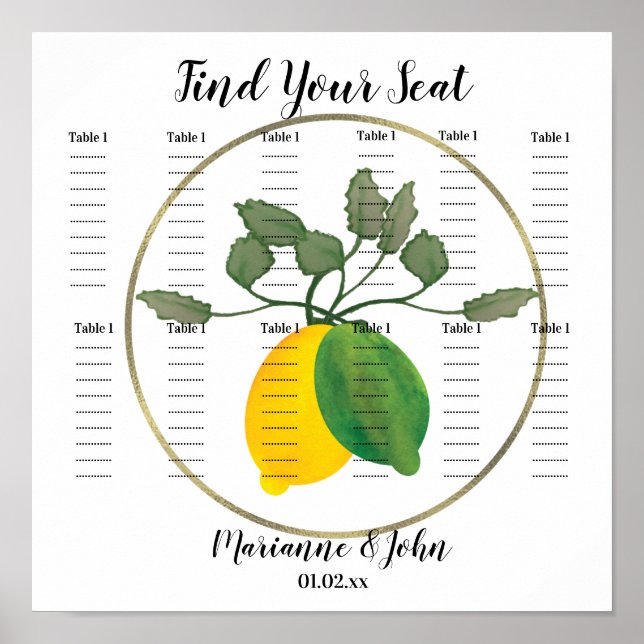 Vattenfärg Folie Citron Bröllop Placeringsplan Poster (Framsidan)