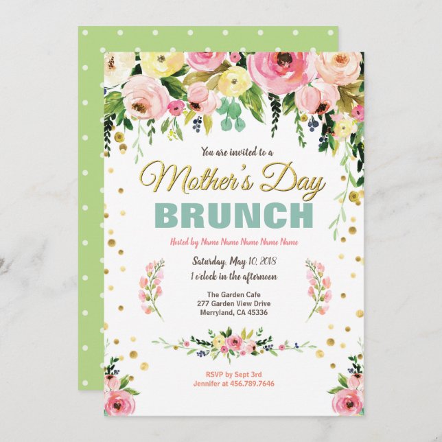 Vattenfärg för blommigt för frunch för mors inbjudningar (Fram/baksida)