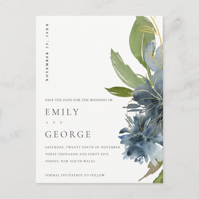 VATTENFÄRG FÖR BLUE GULD GRÖNT BLOMMIGT SPARA DATU MEDDELANDE VYKORT (Framsida)