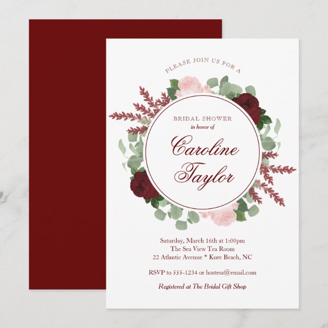 Vattenfärg för Burgundy blom- möhippaelegant Inbjudningar (Fram/baksida)