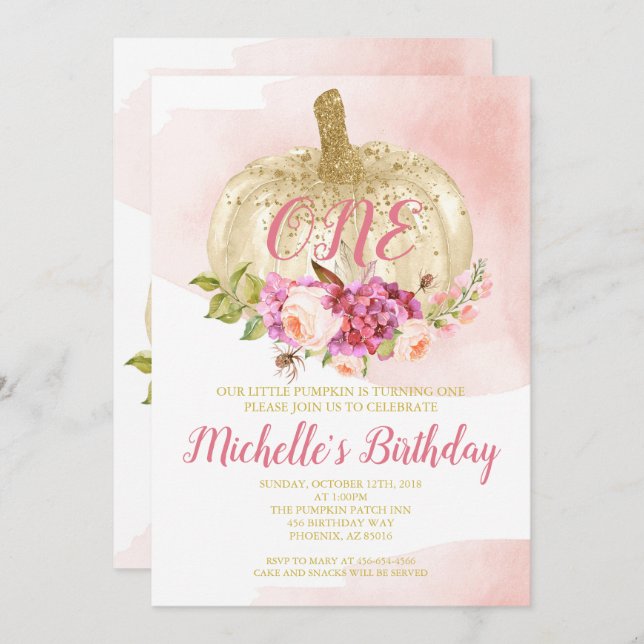 Vattenfärg för födelsedag för rosa guld för inbjudningar (Fram/baksida)