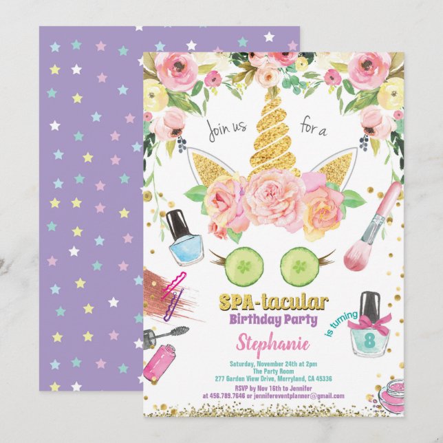 Vattenfärg för inbjudan till Unicorn spa party (Fram/baksida)