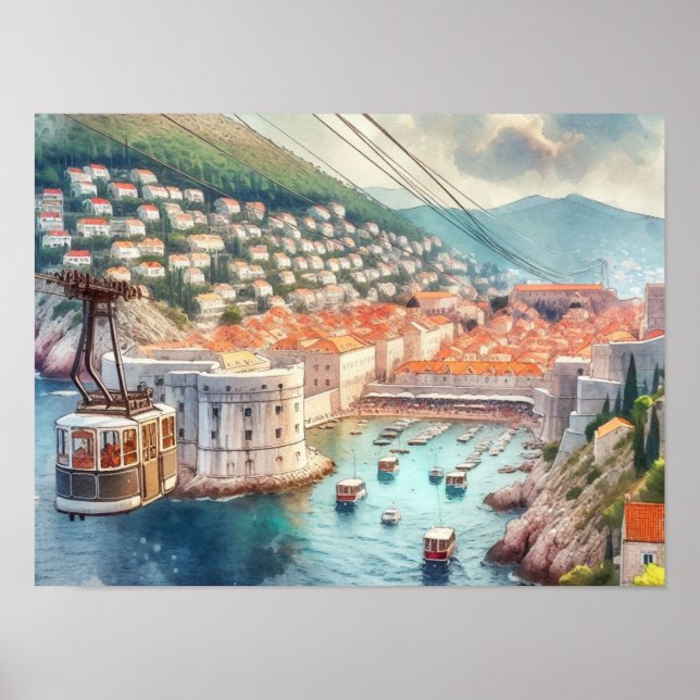 Vattenfärg för kabelbil Dubrovnik Kroatien Poster (Framsidan)