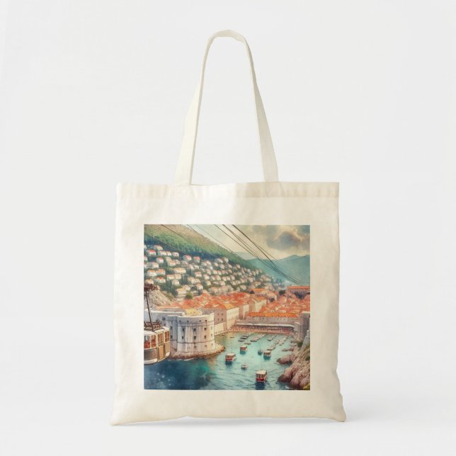 Vattenfärg för kabelbil Dubrovnik Kroatien Tygkasse (Framsidan)