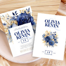 Vattenfärg för marin blå blommigt och guld elegant