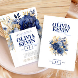 Vattenfärg för marin blå blommigt och guld elegant inbjudningar